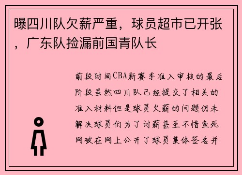 曝四川队欠薪严重，球员超市已开张，广东队捡漏前国青队长